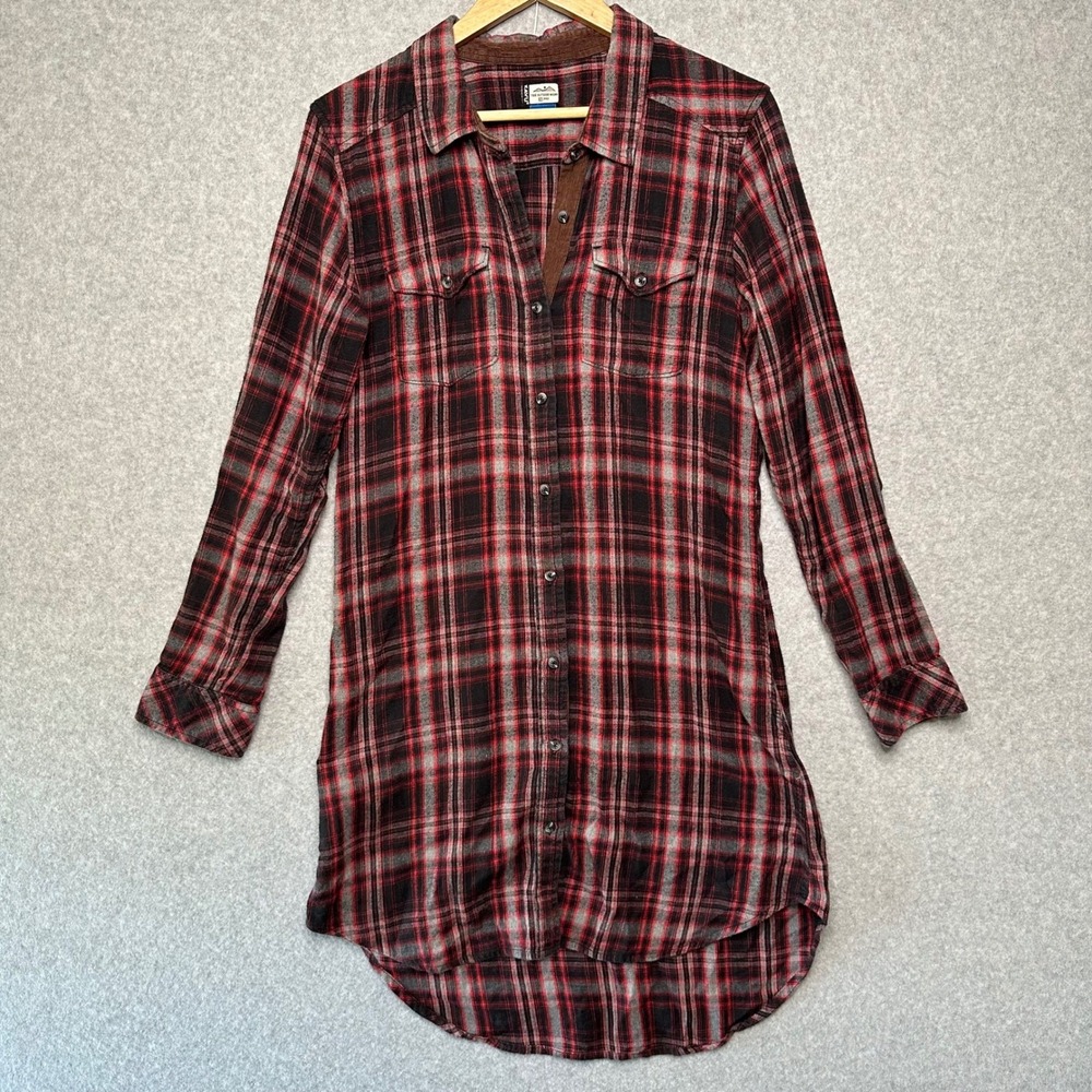 KAVU Jurnee Red Black Plaid Flannel Shirt Dress Corduroy Trim Elbow Patches Med
